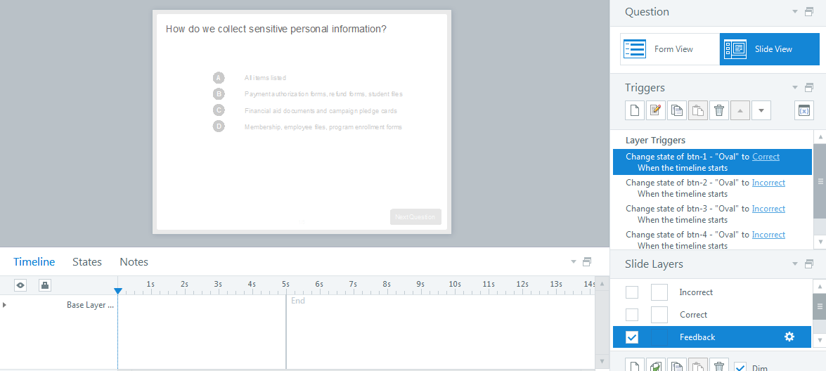 Articulate Online quiz help randomizing questions, selecting